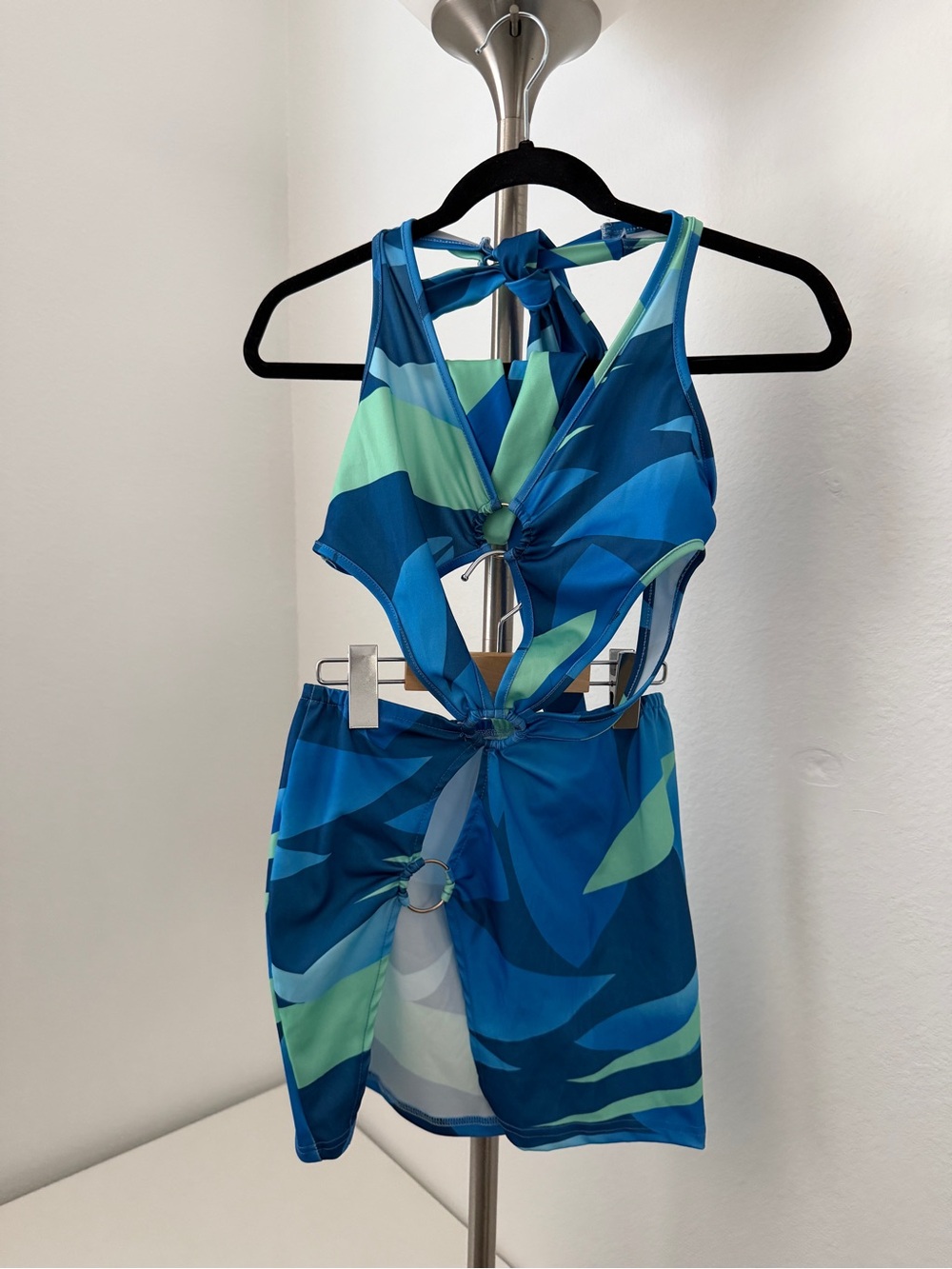 Blue & Mint Cutout Mini Dress with Ring Details